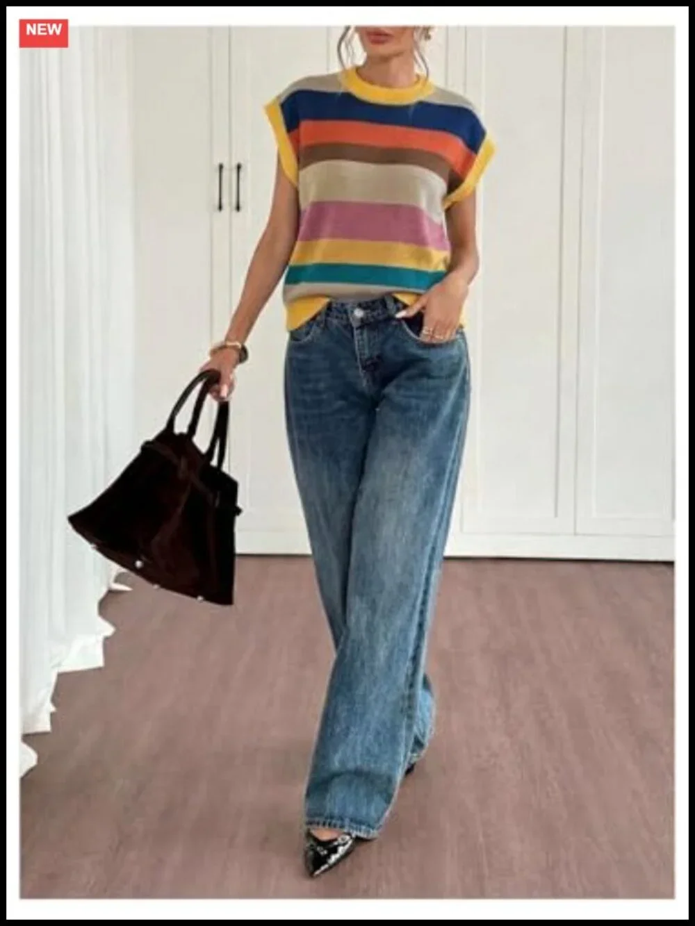 Striped Knit Pullover Sweater Vest Cap Sleeve Dolman Loose